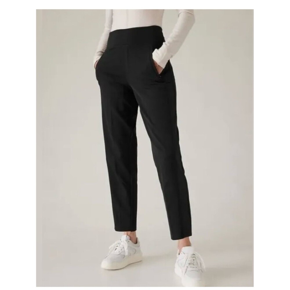 Athleta Endless Satin Side Stripe Pant Size 4 Black Hybrid Athletisure Travel